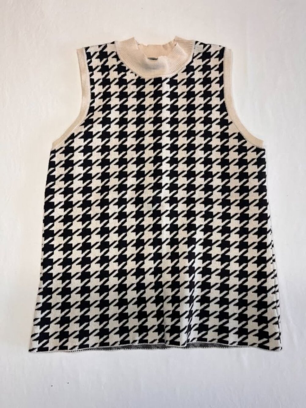 Houndstooth Mock Neck Knit Sweater Vest Shell Black Cream Size Small